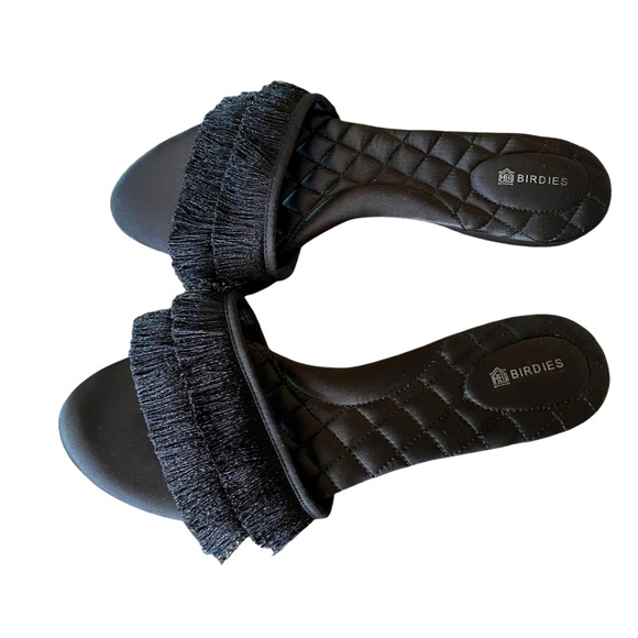 BIRDIES The Sparrow Women's Size 10 Black Fringed Slip-On Comfort Slide Sandals - Picture 1 of 8